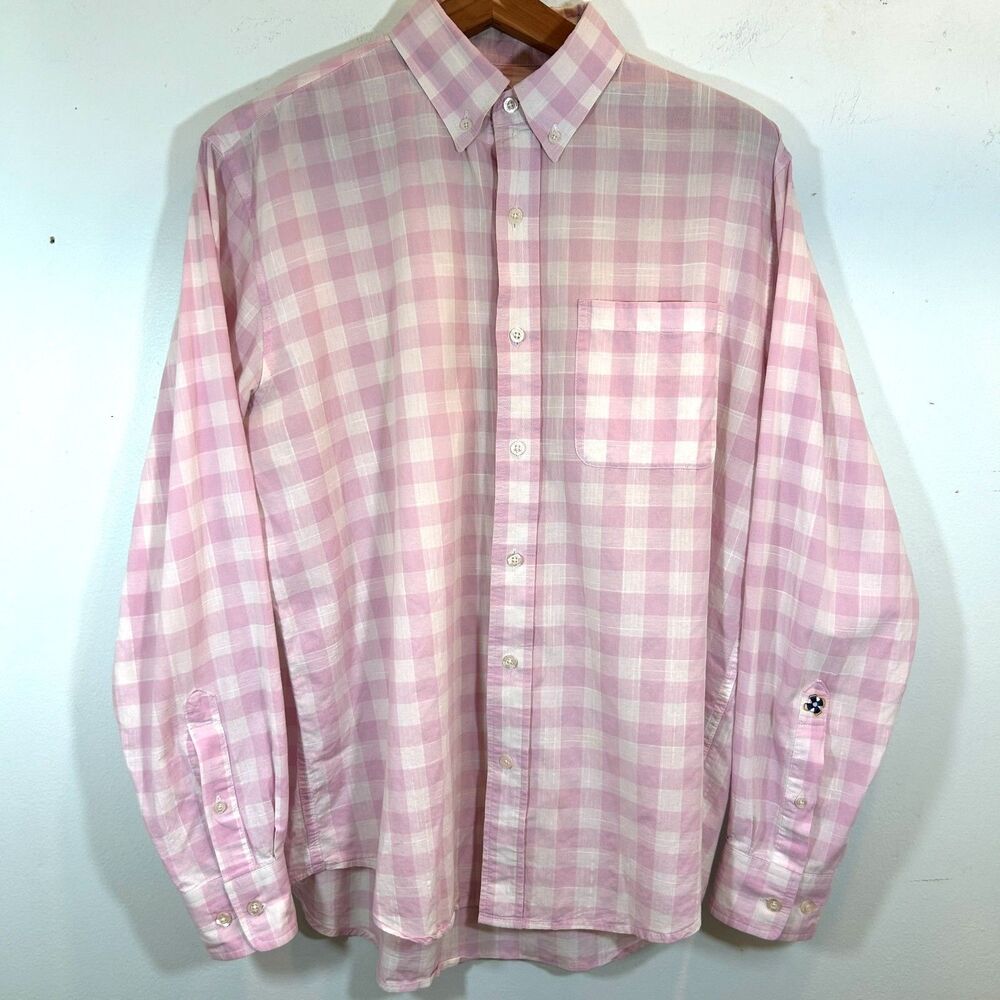 Castaway Nantucket Island Men's Pink Check Button Up Shirt Medium Preppy Coastal